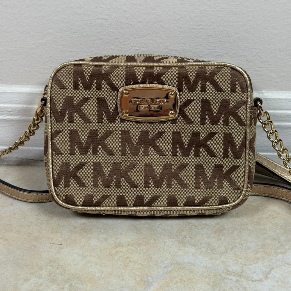Michael Kors MK Monogram Jet Set Crossbody Bag Small Gold Brown 38T6CHMC1M